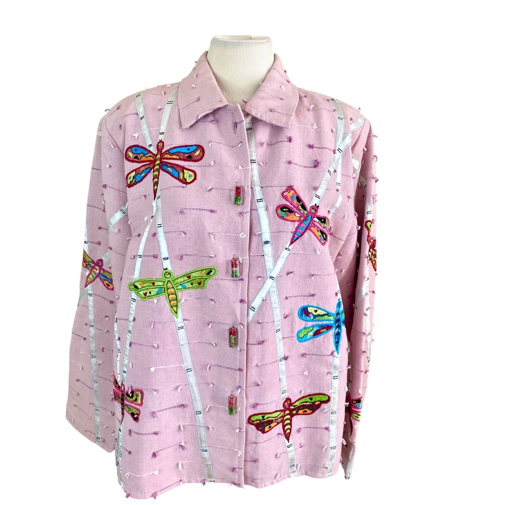 Vtg Daniel K‎ Pink Embroidered Dragonfly Jacket Glitter Buttons Sz L y2k